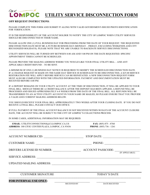 First page of the Utility Service Disconnection Form