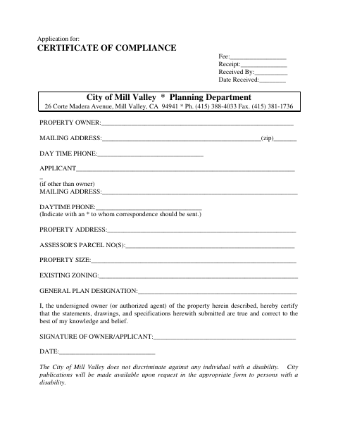 First page of the Certificate of Compliance Application