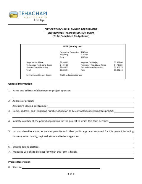 First page of the Environmental Information Form
