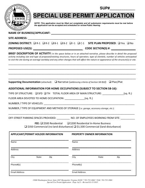 First page of the Special Use Permit Application