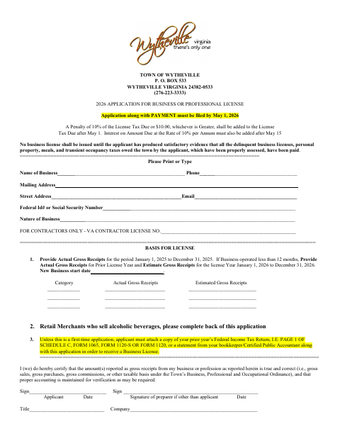 First page of the Application for Business or Professional License