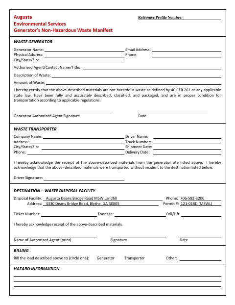First page of the Generator’s Non-Hazardous Waste Manifest