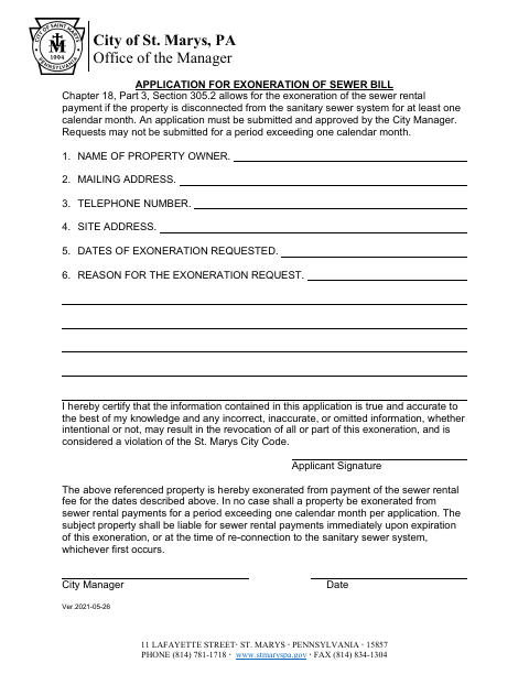 First page of the Application for Exoneration of Sewer Bill