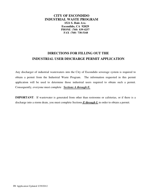 First page of the Industrial User Discharge Permit Application