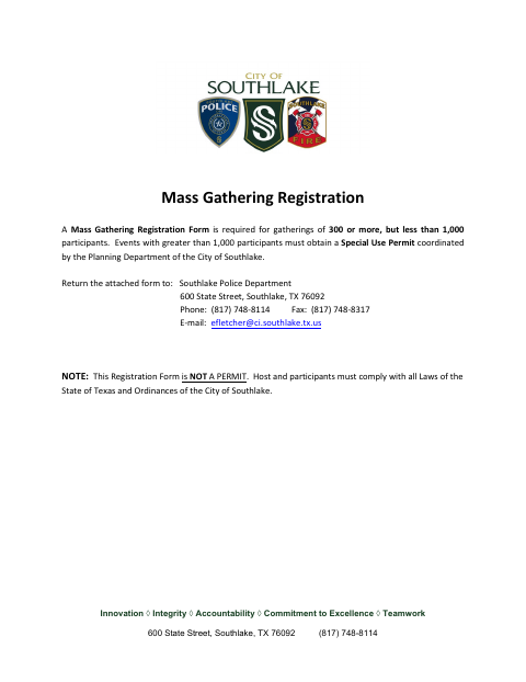 First page of the Mass Gathering Registration Form