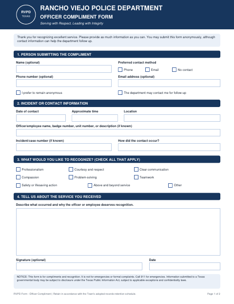 First page of the Officer Compliment Form