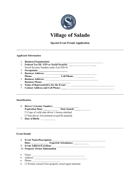 First page of the Special Event Permit Application