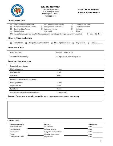First page of the Master Planning Application Form