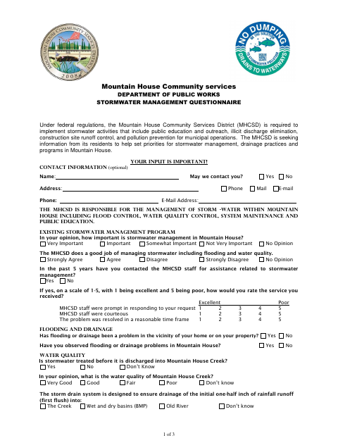 First page of the Stormwater Management Questionnaire