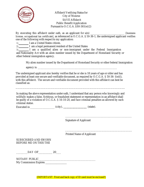 First page of the S.A.V.E. Affidavit Verifying Status