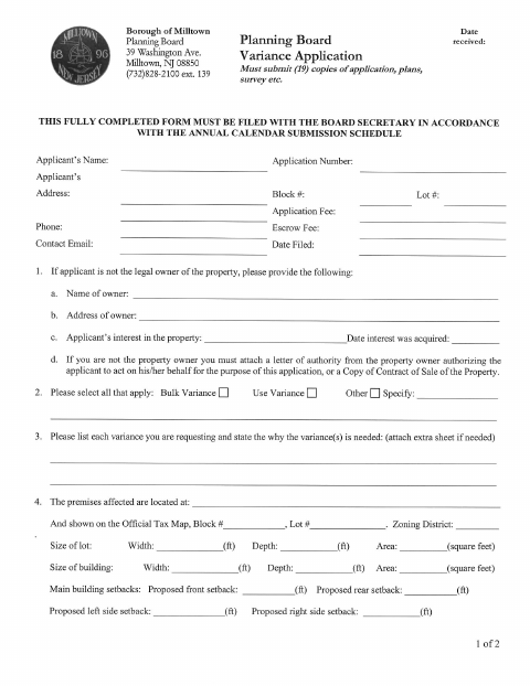 First page of the Planning Board Variance Application