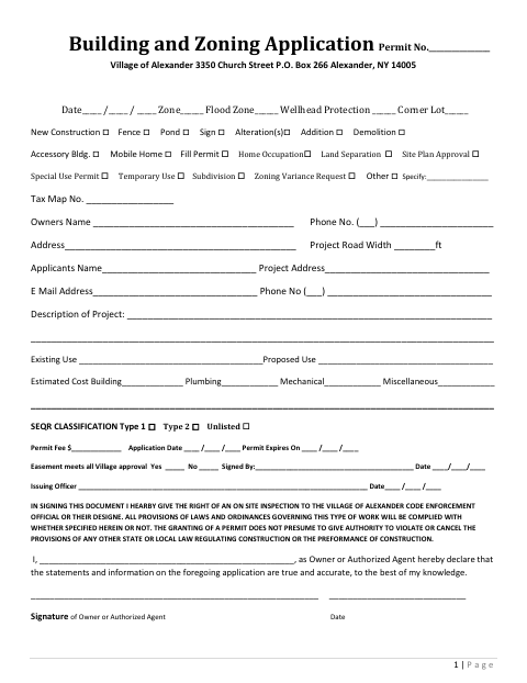 First page of the Building and Zoning Application