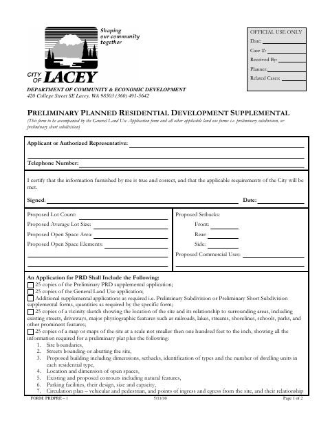First page of the Preliminary Planned Residential Development Supplemental