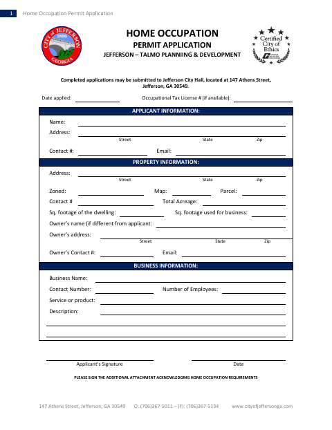 First page of the Home Occupation Permit Application