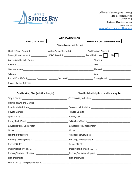 First page of the Land Use Permit and Home Occupation Permit Application