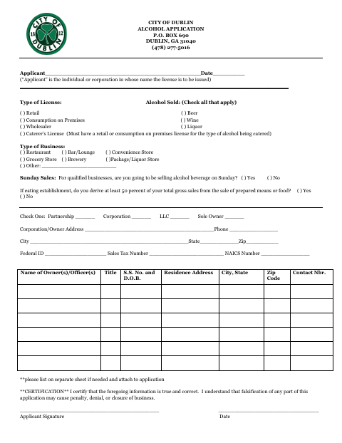 First page of the Alcohol License Application