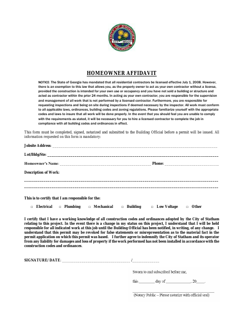 First page of the Homeowner Affidavit (Owner-Builder Exemption)
