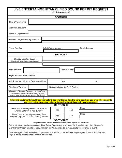 First page of the Live Entertainment/Amplified Sound Permit Request