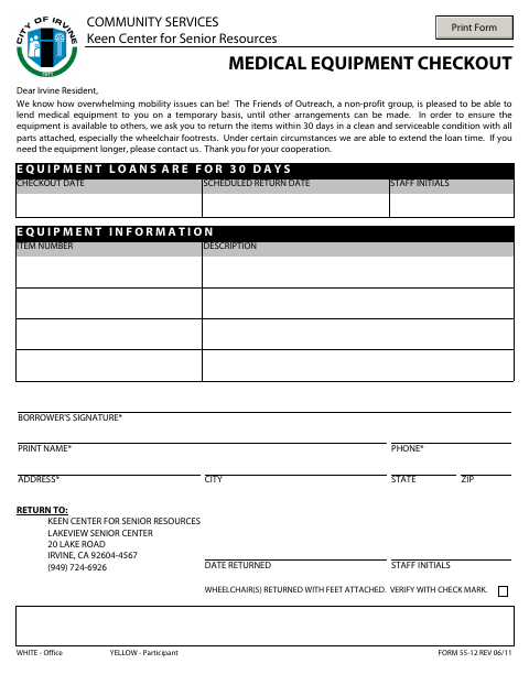 First page of the Medical Equipment Checkout
