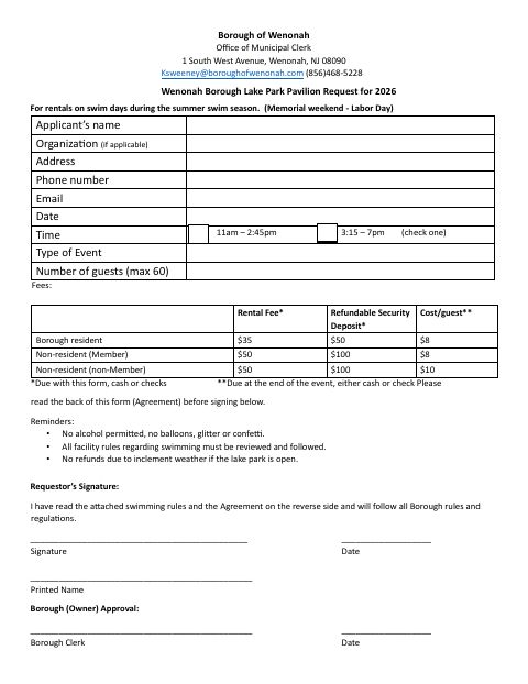 First page of the Lake Park Pavilion Rental Agreement Form