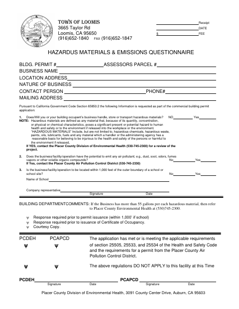 First page of the Hazardous Materials & Emissions Questionnaire