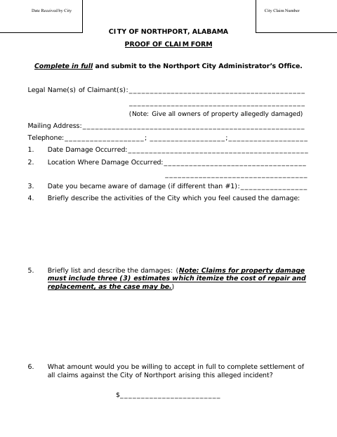 First page of the Proof of Claim Form