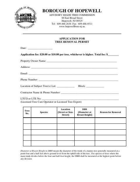 First page of the Tree Removal Permit Application