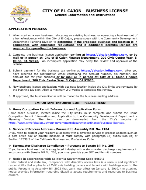 First page of the Business License Application