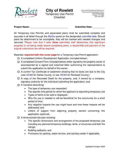 First page of the Temporary Use Permit Checklist
