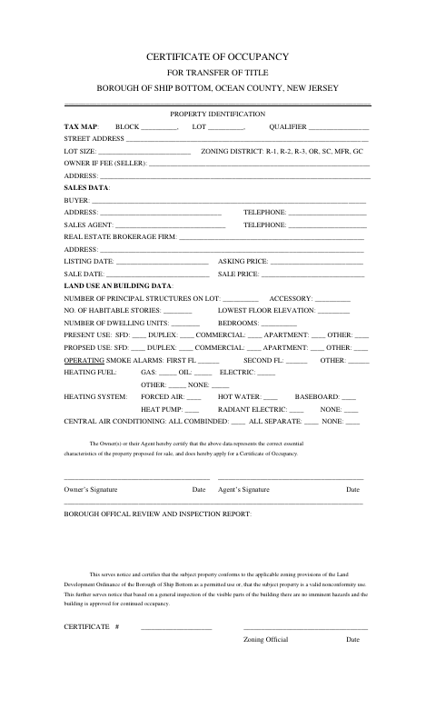 First page of the Certificate of Occupancy for Transfer of Title