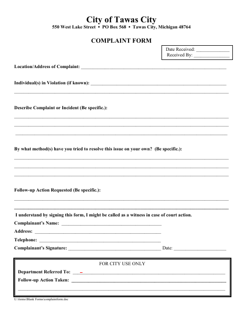 First page of the Complaint Form