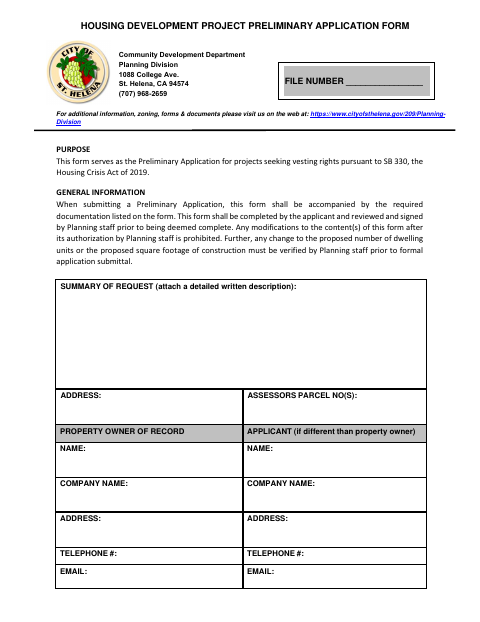 First page of the Housing Development Project Preliminary Application Form