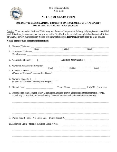 First page of the Property Damage Notice of Claim
