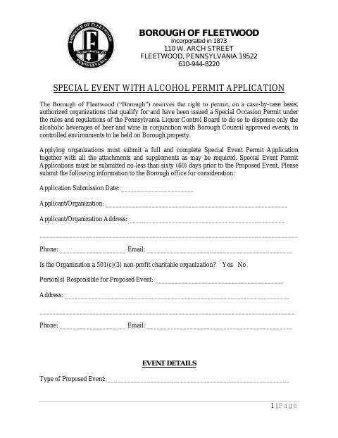 First page of the Special Event With Alcohol Permit Application