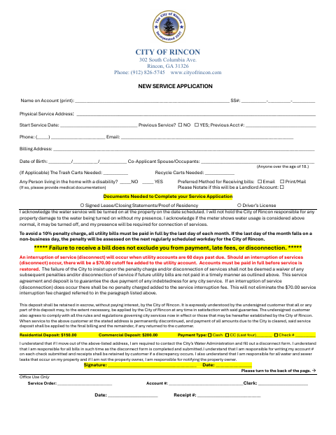 First page of the New Service Application