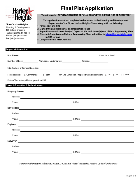 First page of the Final Plat Application