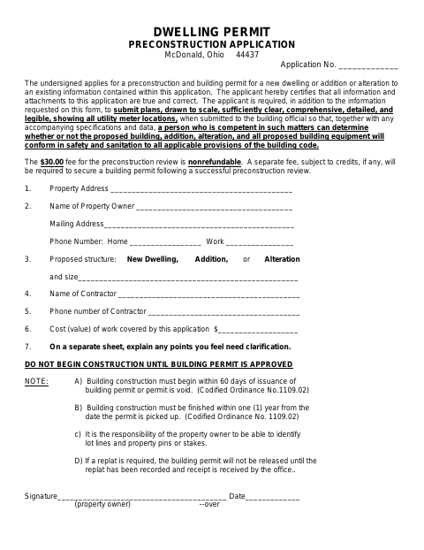 First page of the Dwelling Preconstruction Application