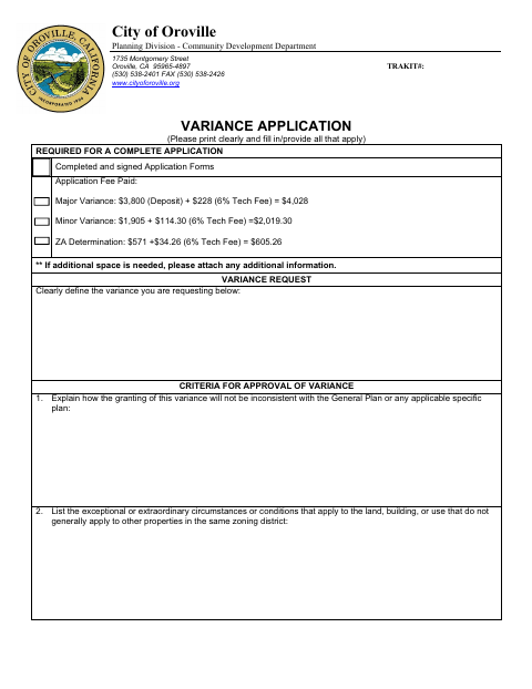 First page of the Variance Application