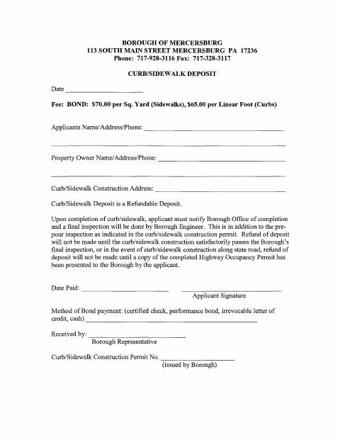 First page of the Curb/Sidewalk Deposit