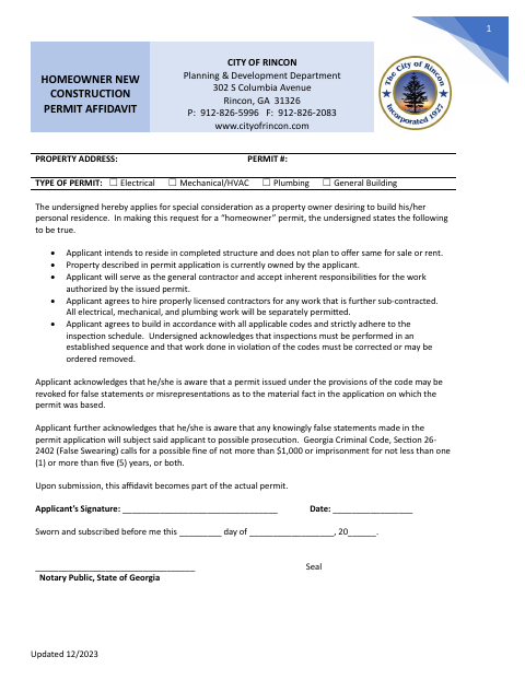 First page of the Homeowner New Construction Permit Affidavit