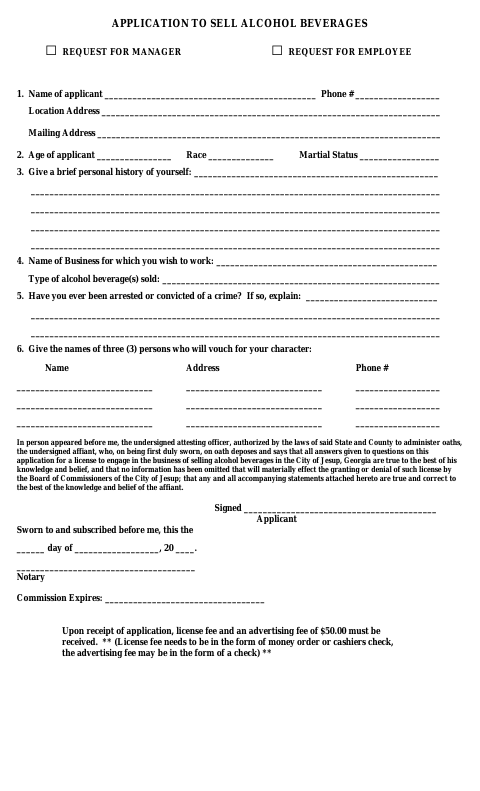 First page of the Application to Sell Alcohol Beverages