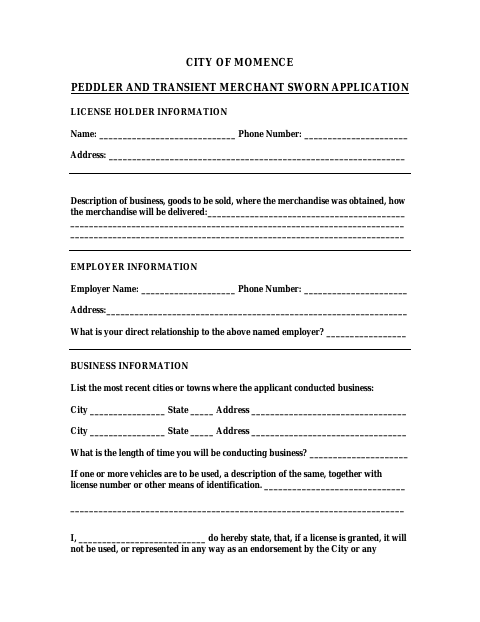 First page of the Peddler and Transient Merchant Sworn Application