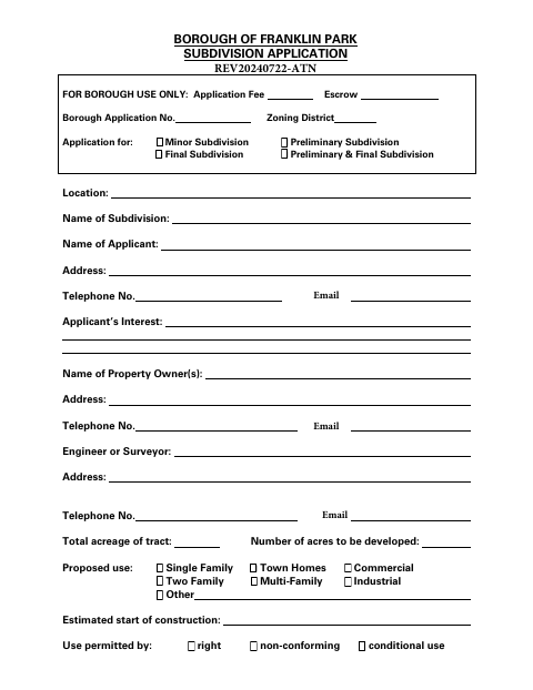 First page of the Subdivision Application