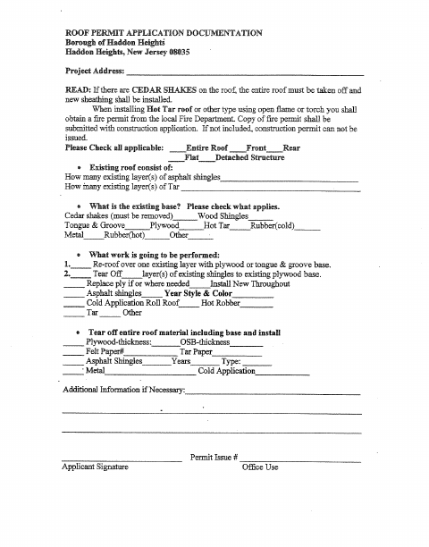 First page of the Roof Permit Application