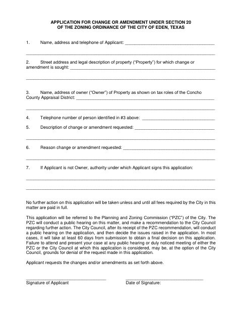 First page of the Application for Change or Amendment Under Section 20 of the Zoning Ordinance