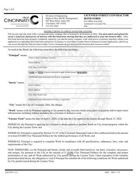First page of the Licensed Street Contractor Bond