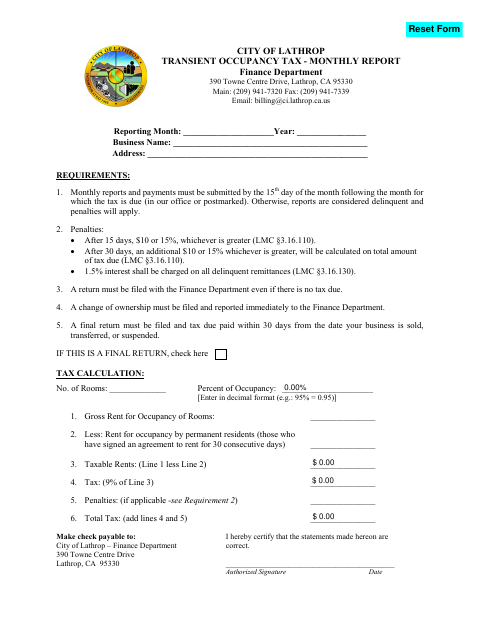 First page of the Transient Occupancy Tax – Monthly Report