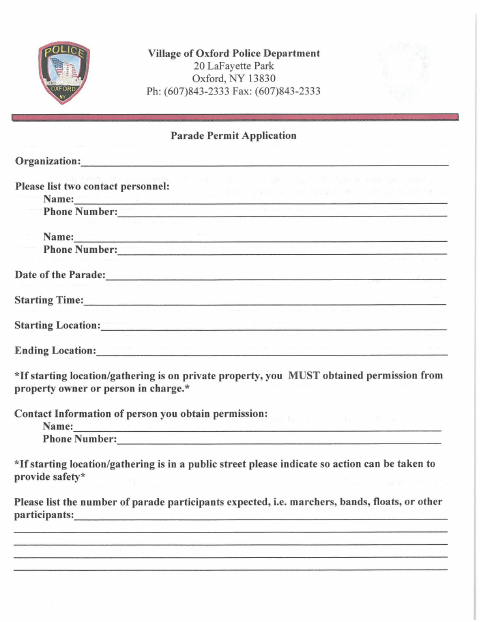 First page of the Parade Permit Application