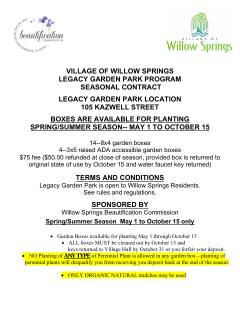 First page of the Legacy Garden Park Program Seasonal Contract