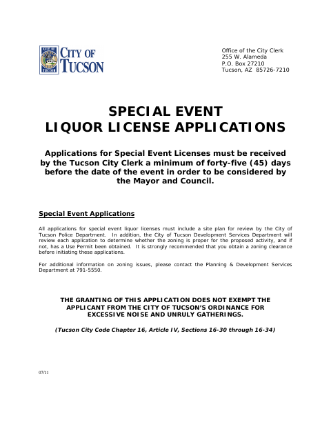 First page of the Special Event Liquor License Application